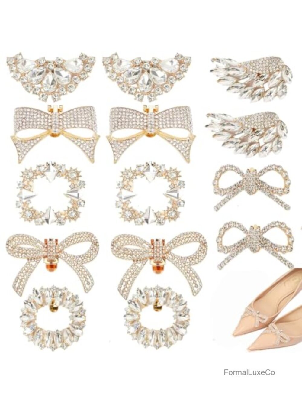 14 Pc Rhinestone Bow Shoe Clips Clip-On Shoe Jewelry Bridal Wedding Shoe Charms